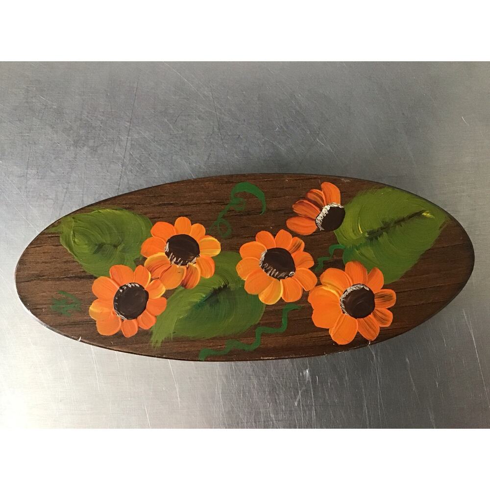 Vintage Oil Painting Of Flowers on an Oval Pine Board 7.5" * 3" Black Eyed Susan